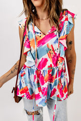 Multicolor Abstract Print V Neck Ruffled Tank