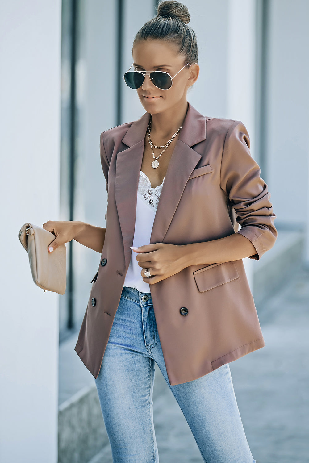 Brown Lapel Neckline Double Breasted Pocketed Blazer