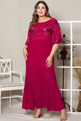 Red Sequin Mesh Open Back Plus Size Maxi Dress