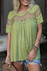 Green Mesh Lace Trim Short Sleeve Top