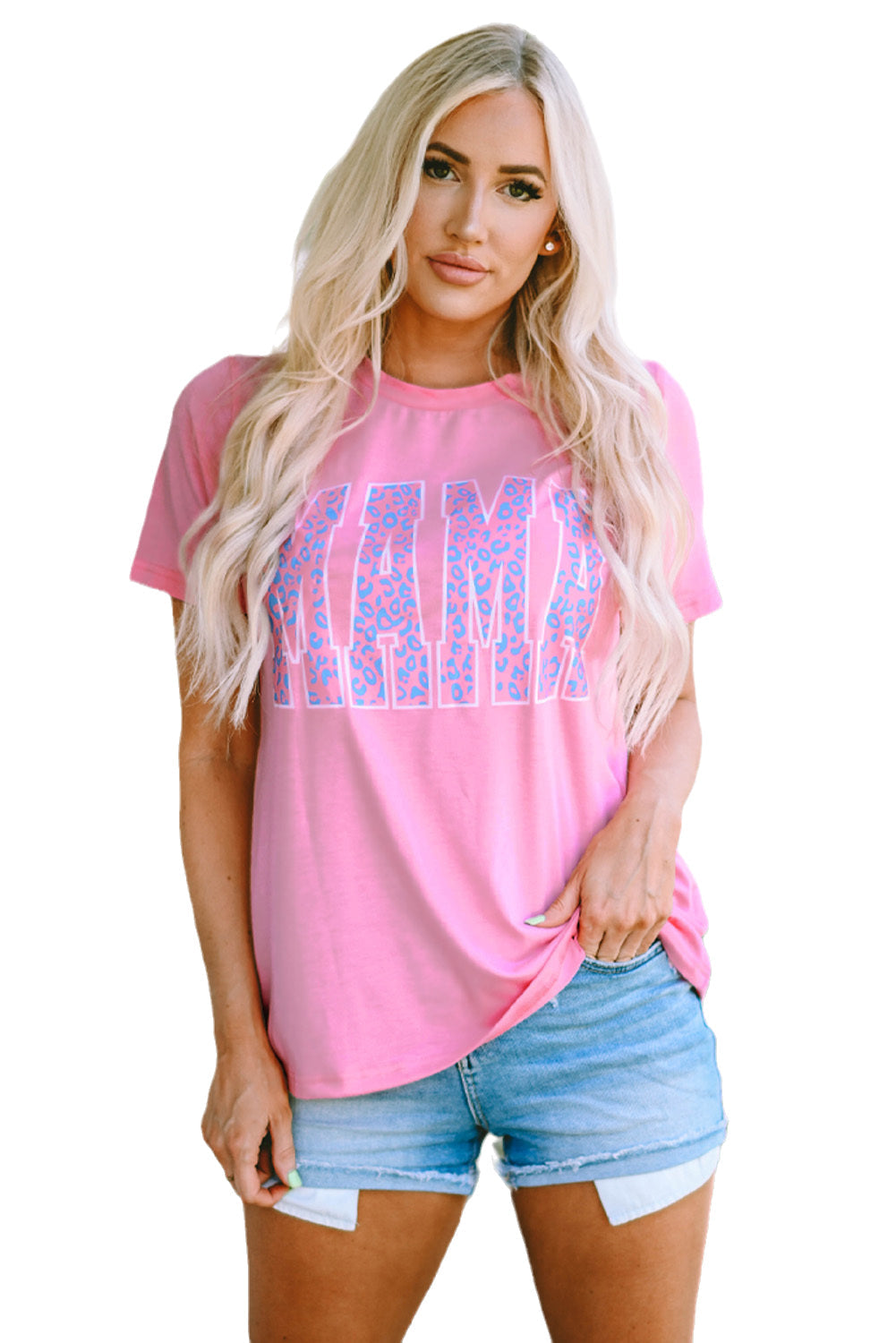 Pink MAMA Leopard Print O-neck Graphic T Shirt