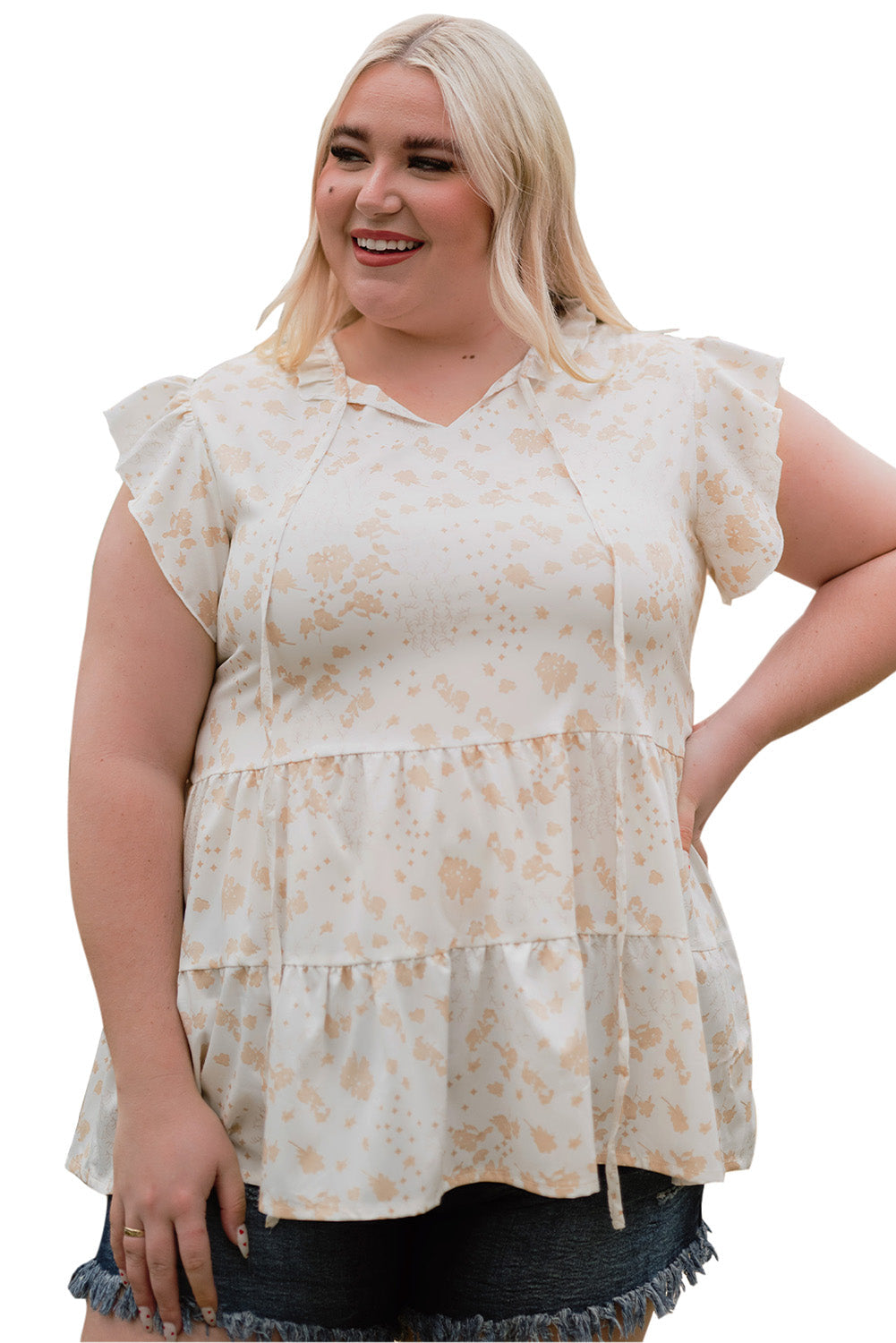 White Ruffled Floral Print Plus Size Top