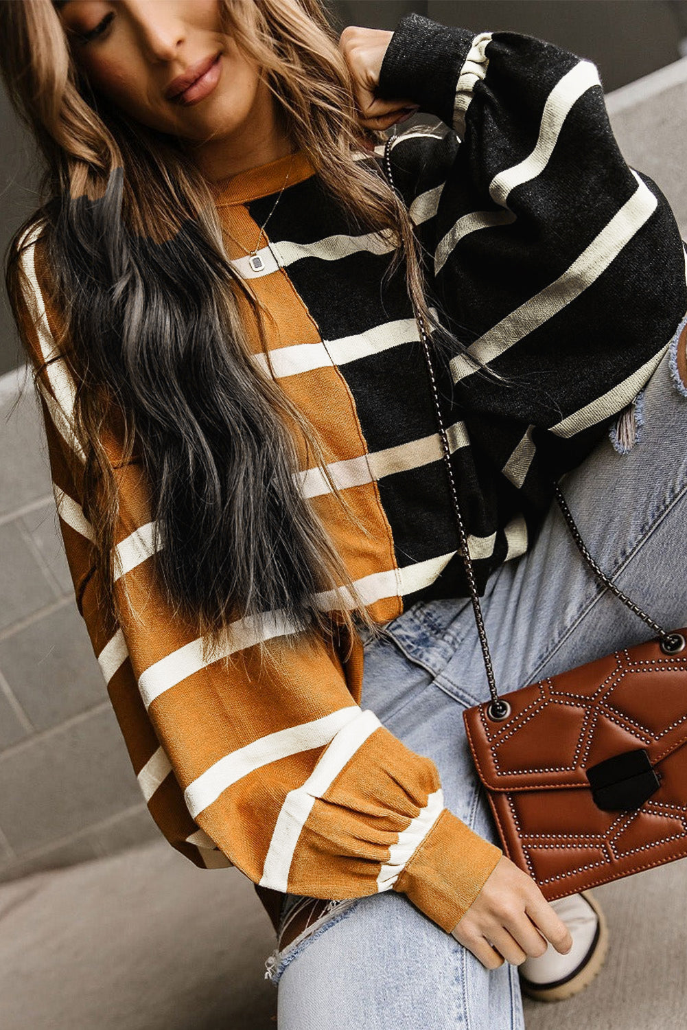 Stripe Oversized Contrast Printed Dropped Shoulder Top