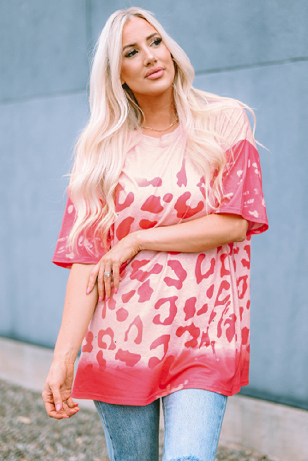 Pink Leopard Bleached Boyfriend T Shirt with Holes