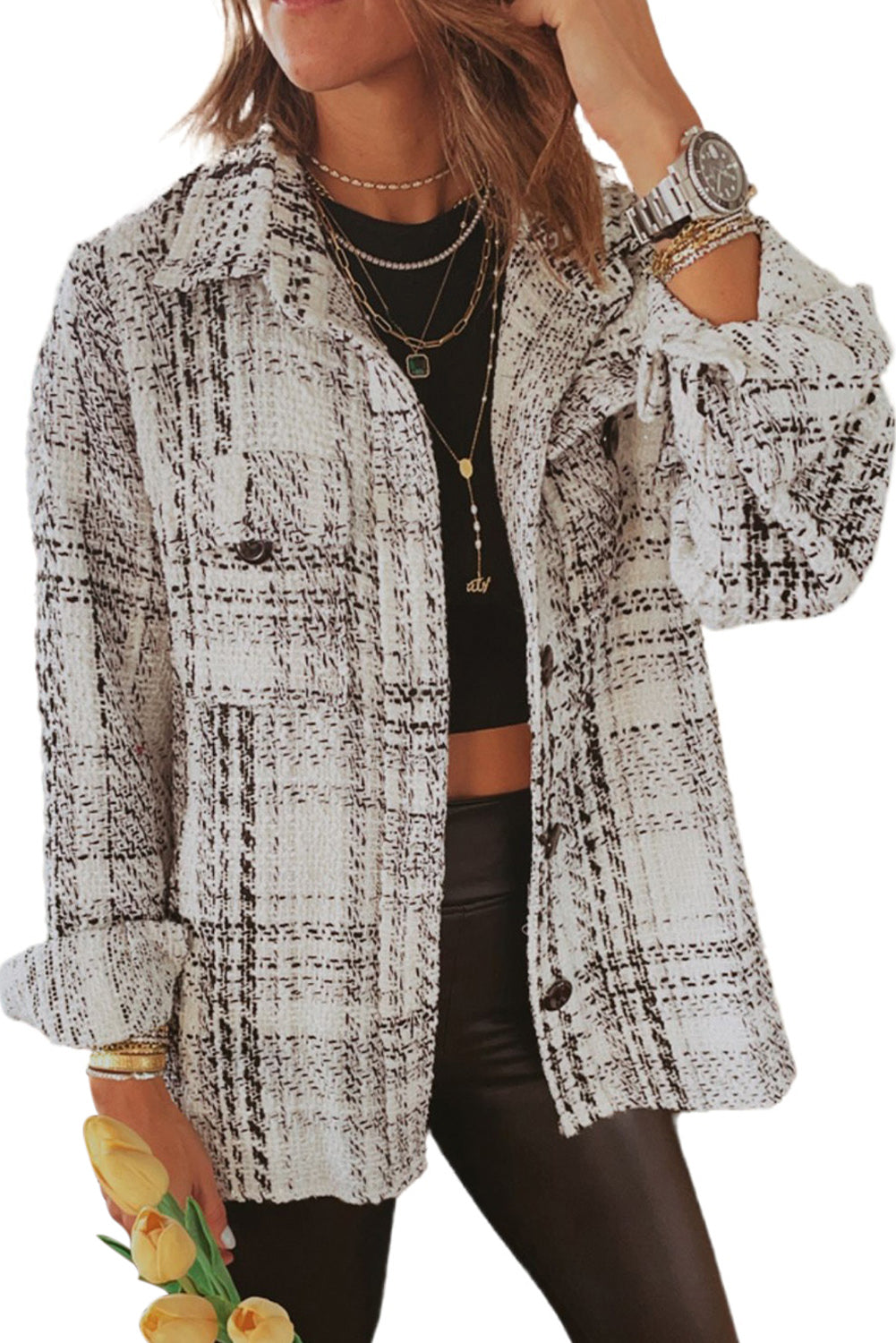 White Plaid Print Pocketed Shirt Jacket