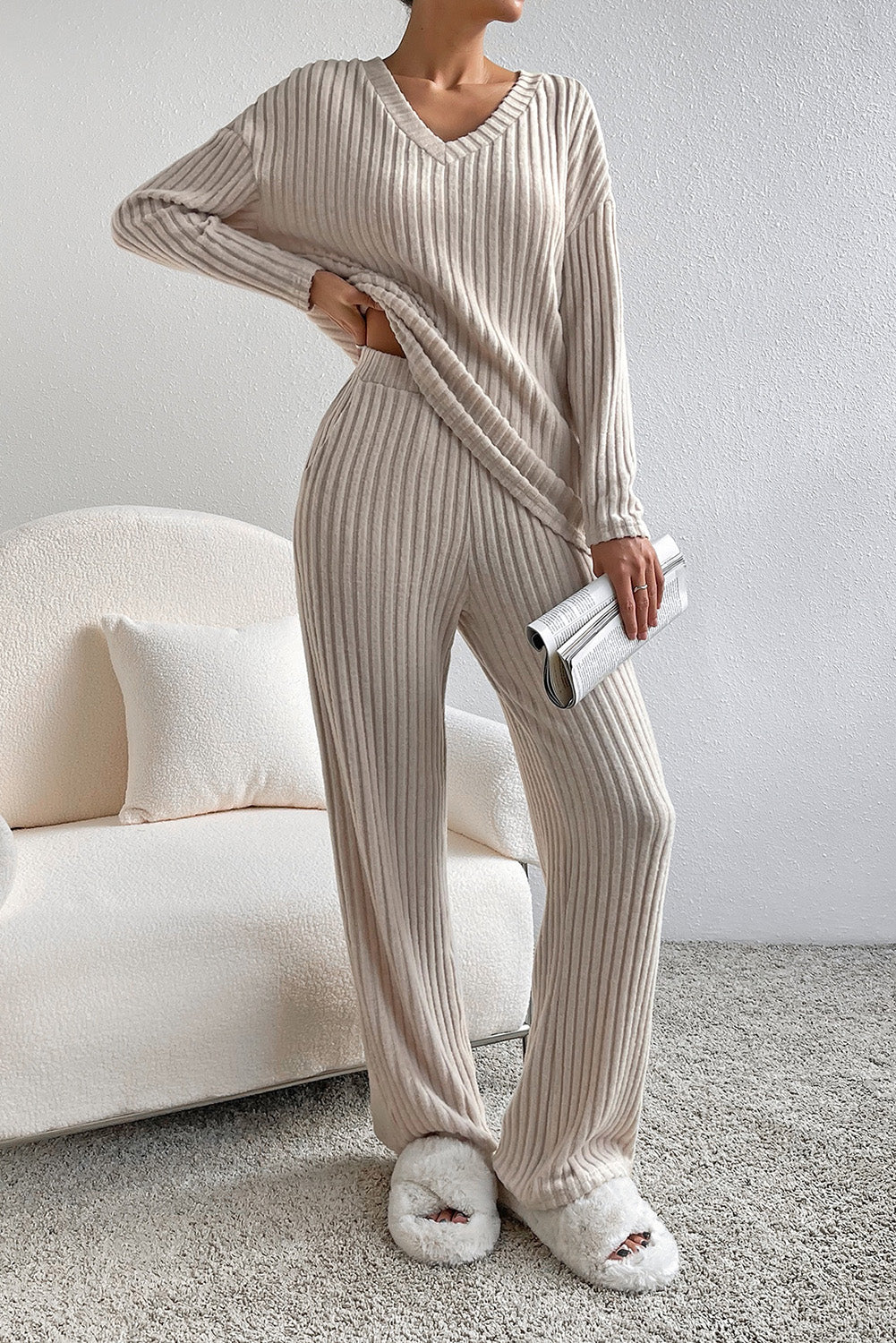 Green Plain Ribbed Loose Fit Two Piece Lounge Set