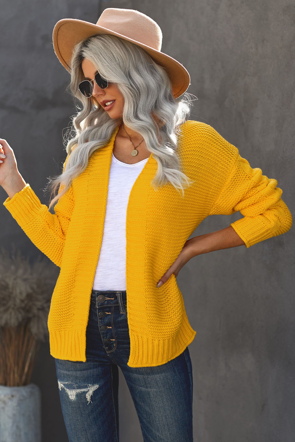 Yellow Open Front Chunky Knit Cardigan