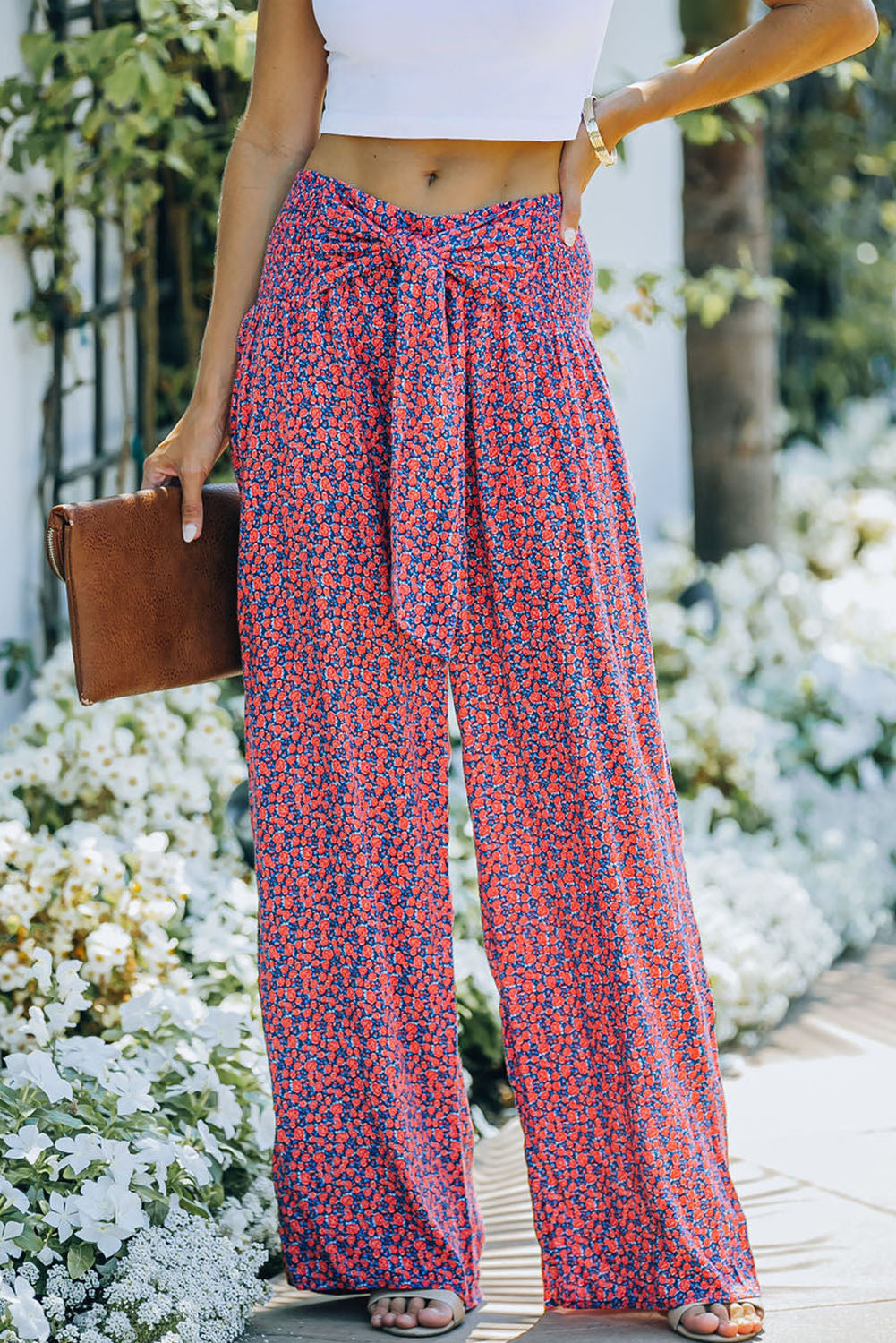 Ditsy Floral Print Tie Front Wide Leg Pants