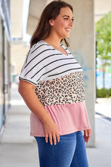 Striped Leopard Color Block Plus Size T-Shirt