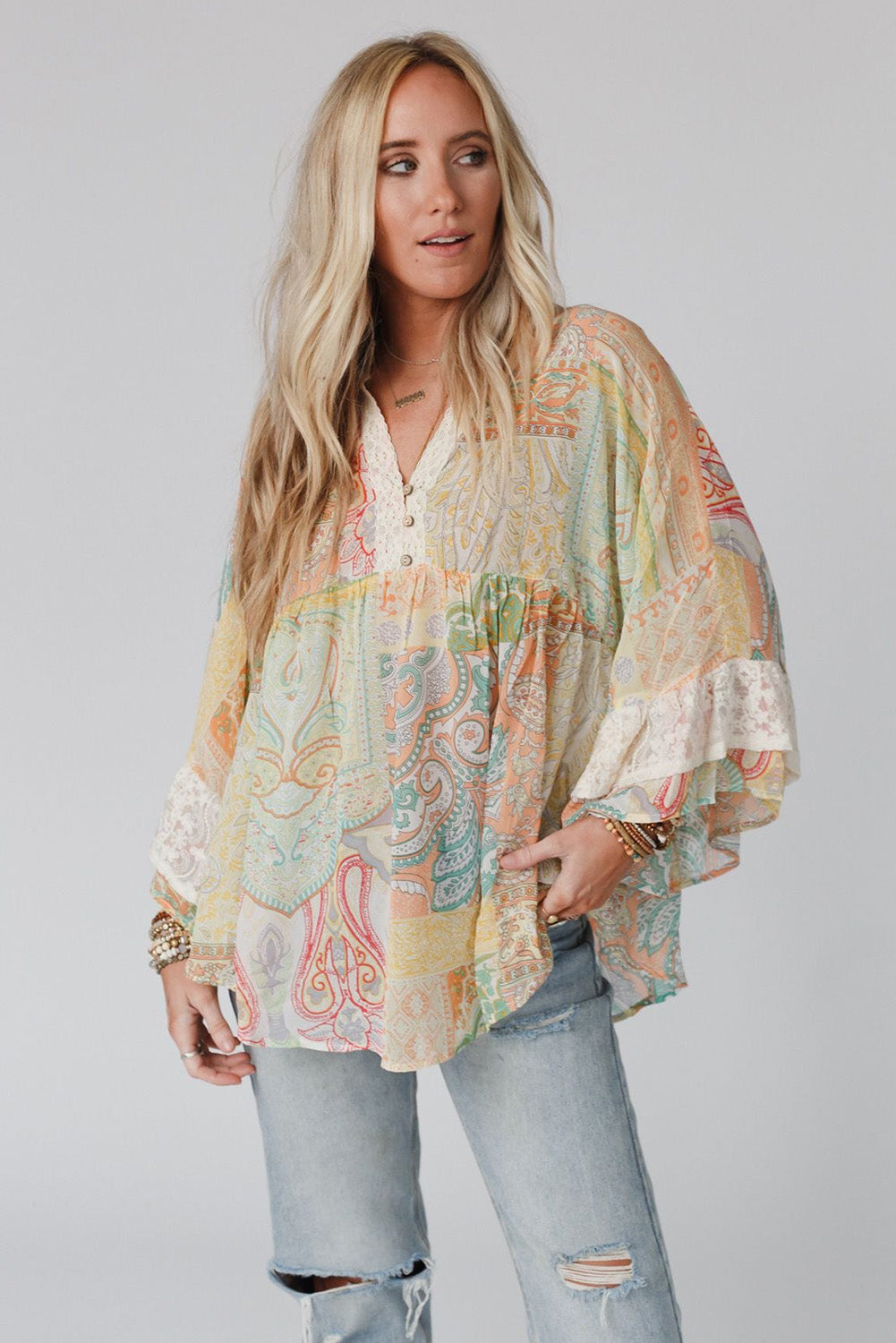 Multicolor Paisley Print Bell Sleeve Lace V-Neck Button Sheer Blouse