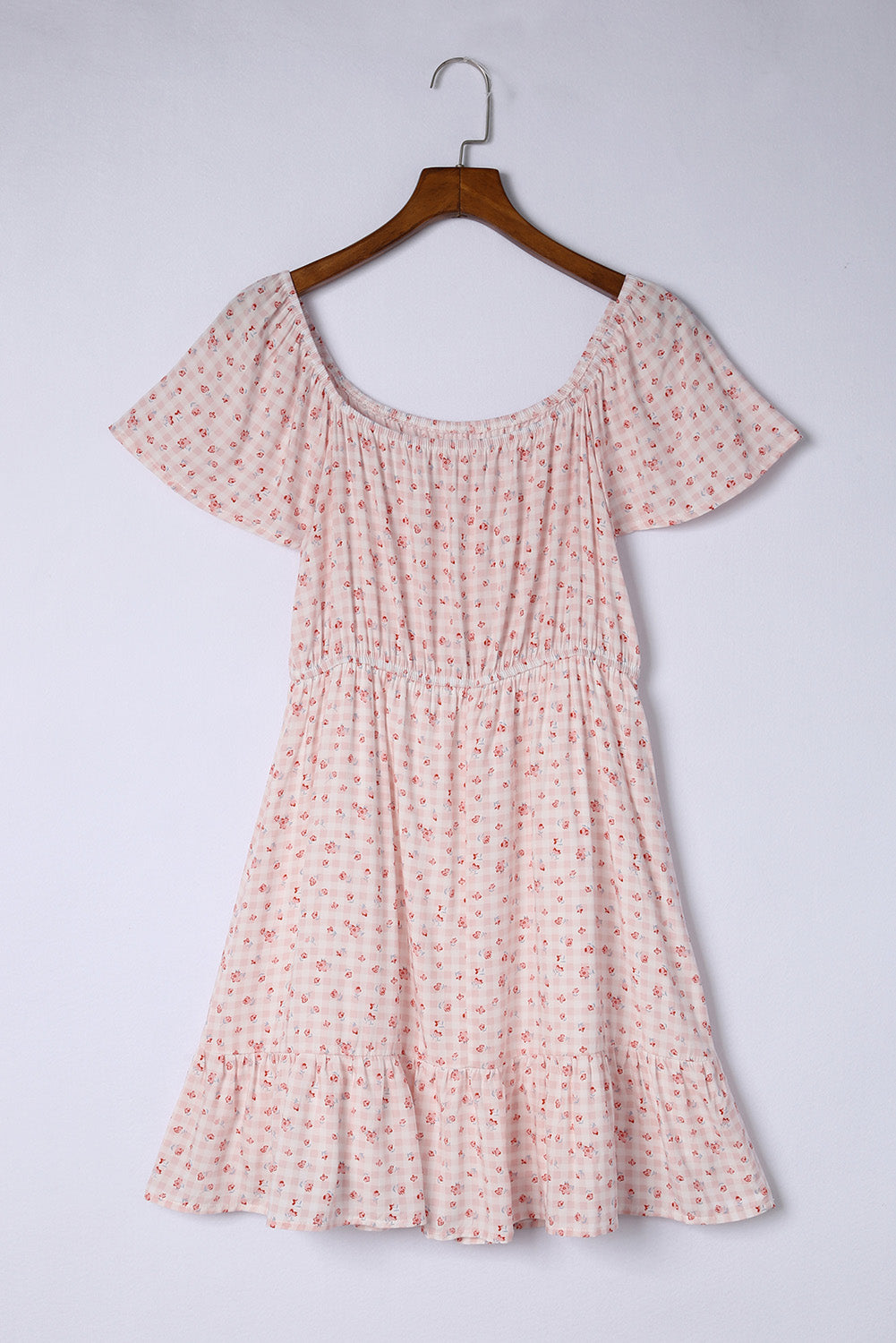 Pink Elastic Waist Ruffled Hem Floral Dress