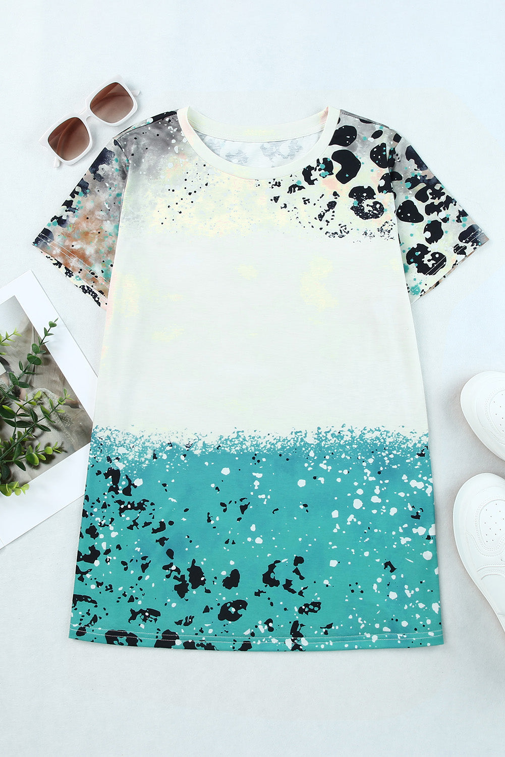 Sky Blue Leopard Tie-dye Bleached T-shirt