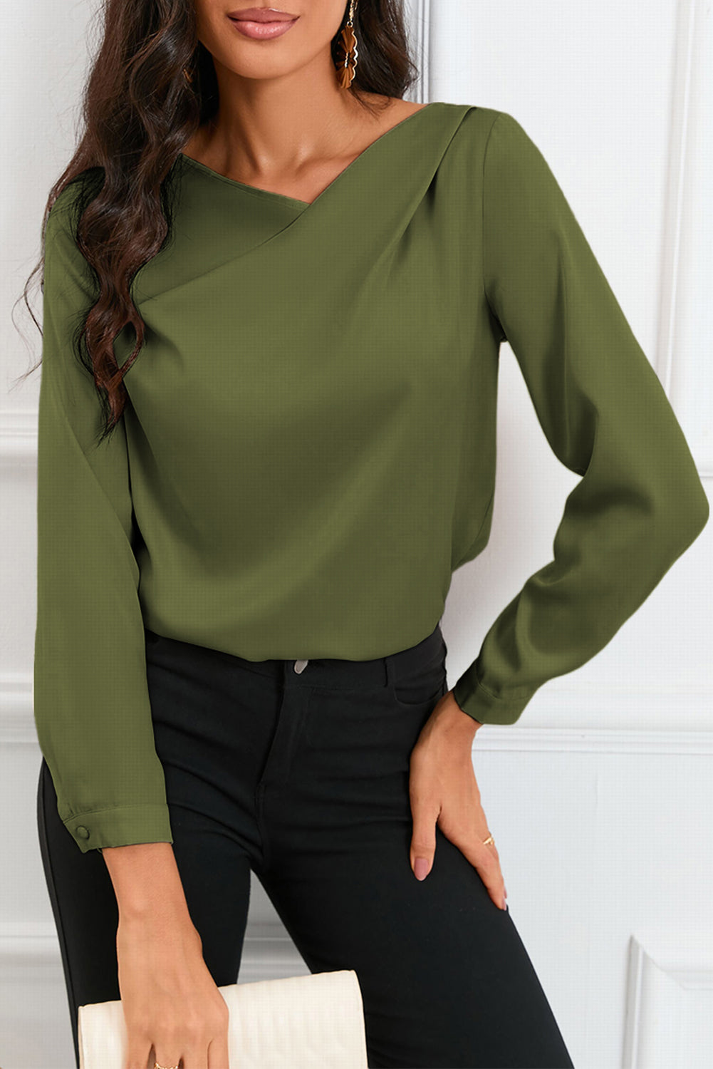 Apricot Solid Asymmetric V Neck Long Sleeve Satin Blouse