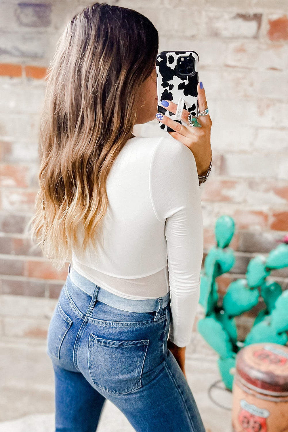 White Mesh Patchwork Long Sleeve Bodysuit