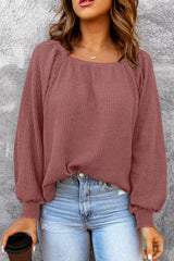 Square Neck Puff Sleeve Waffle Knit Top