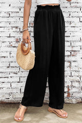 Black Wide Leg Elastic Waist Casual Pants with Pockets