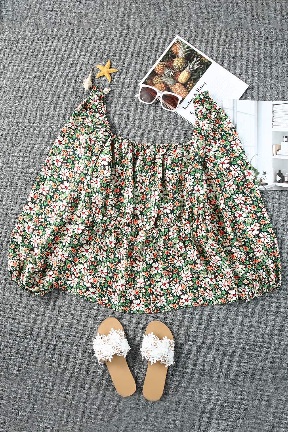 Green Square Neck Floral Plus Size Peplum Top