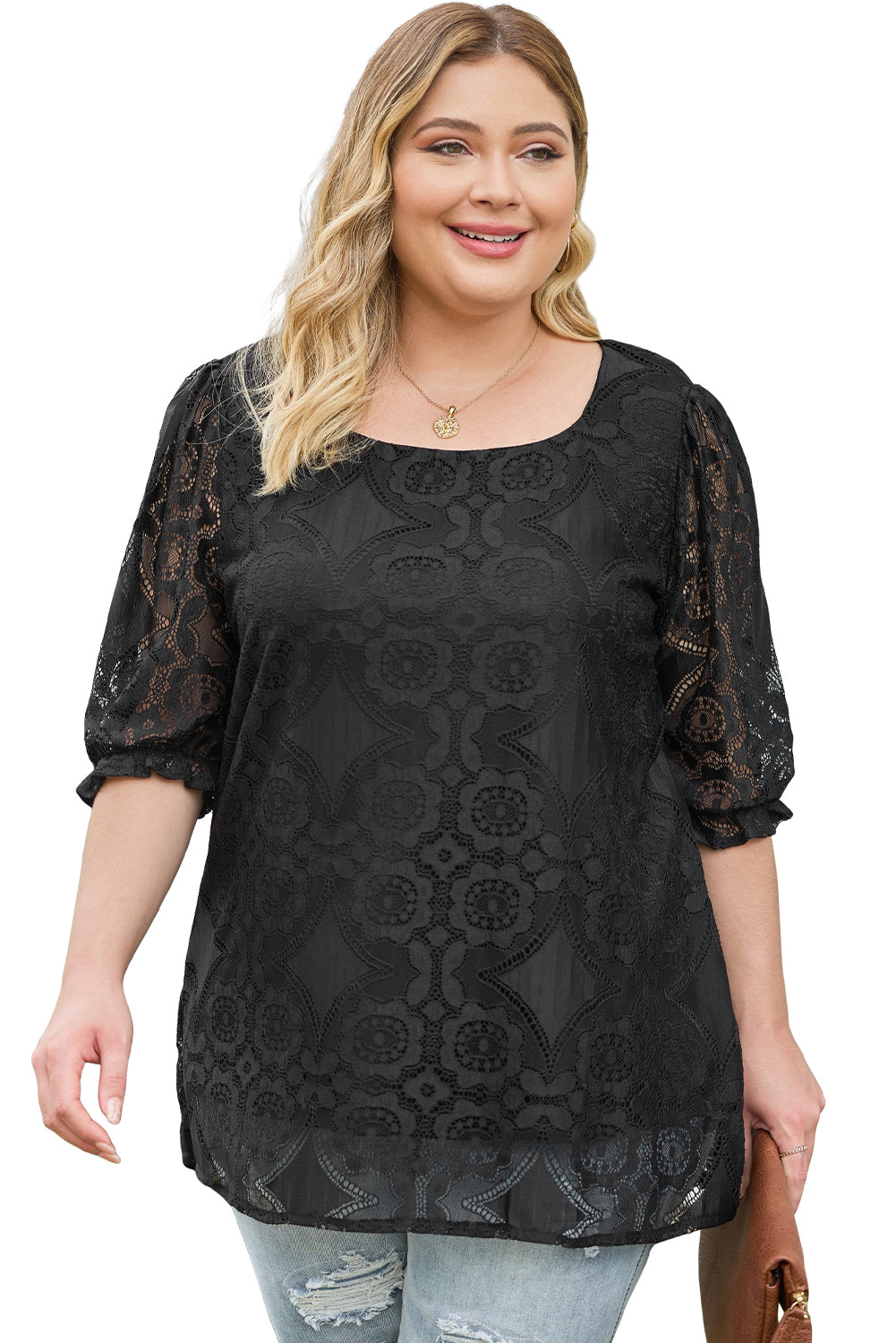 Black Plus Size Lace Crochet Square Neck Blouse