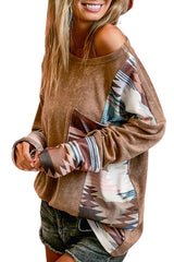 Brown Aztec Print Patchwork Chest Pocket Long Sleeve Top