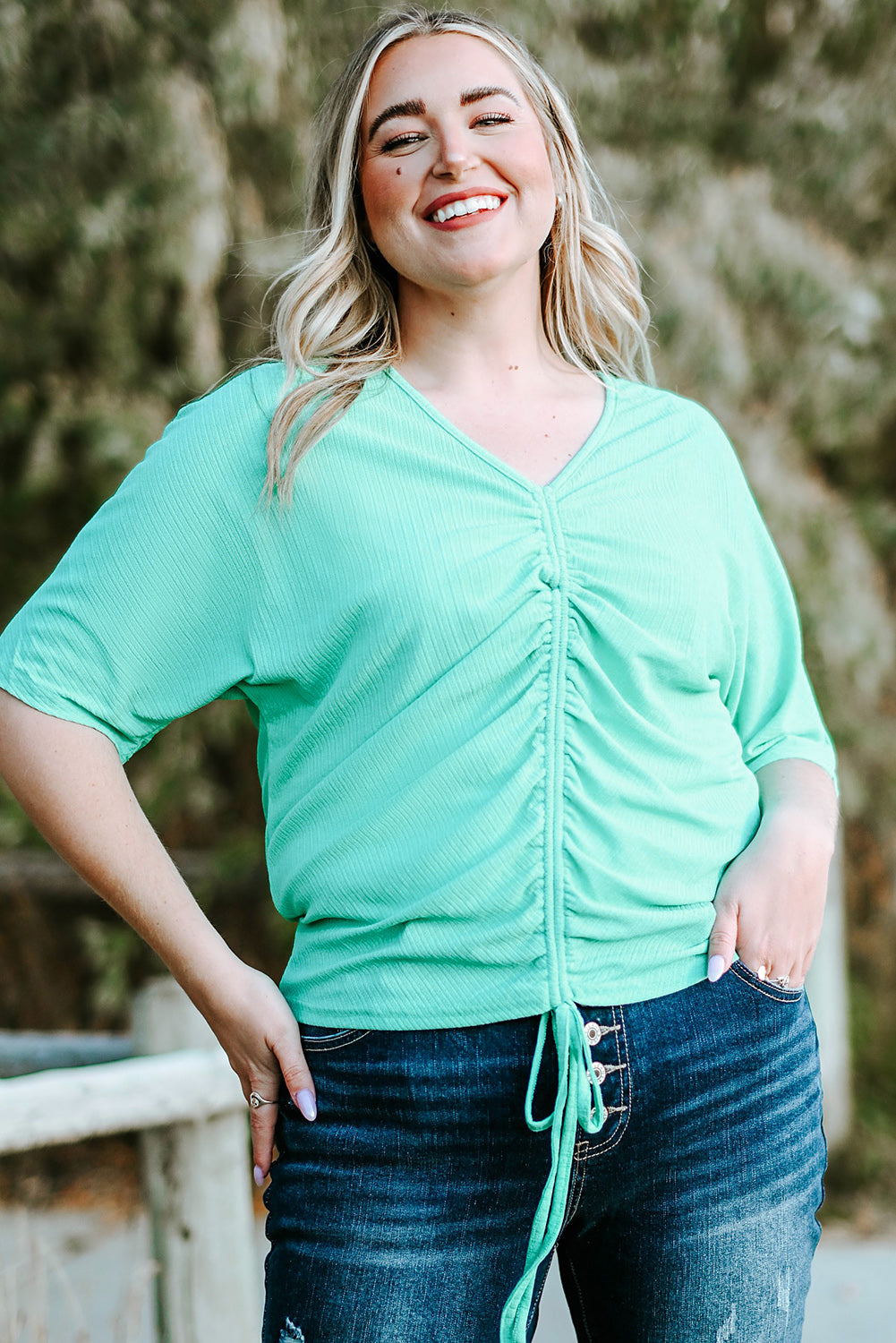 Green Plus Size Ruched Rib Drawstring V Neck Top