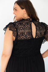 Black Plus Size Lace Bodice High Neck Flowy Pleated Dress