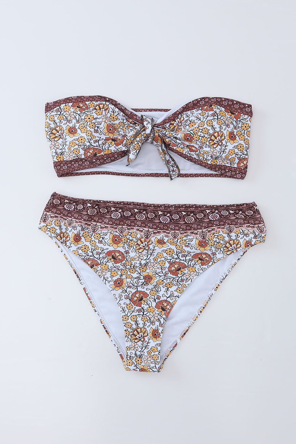 Multicolor Ethnic Floret Print Bow Tie Bikini 2pcs Swimsuit