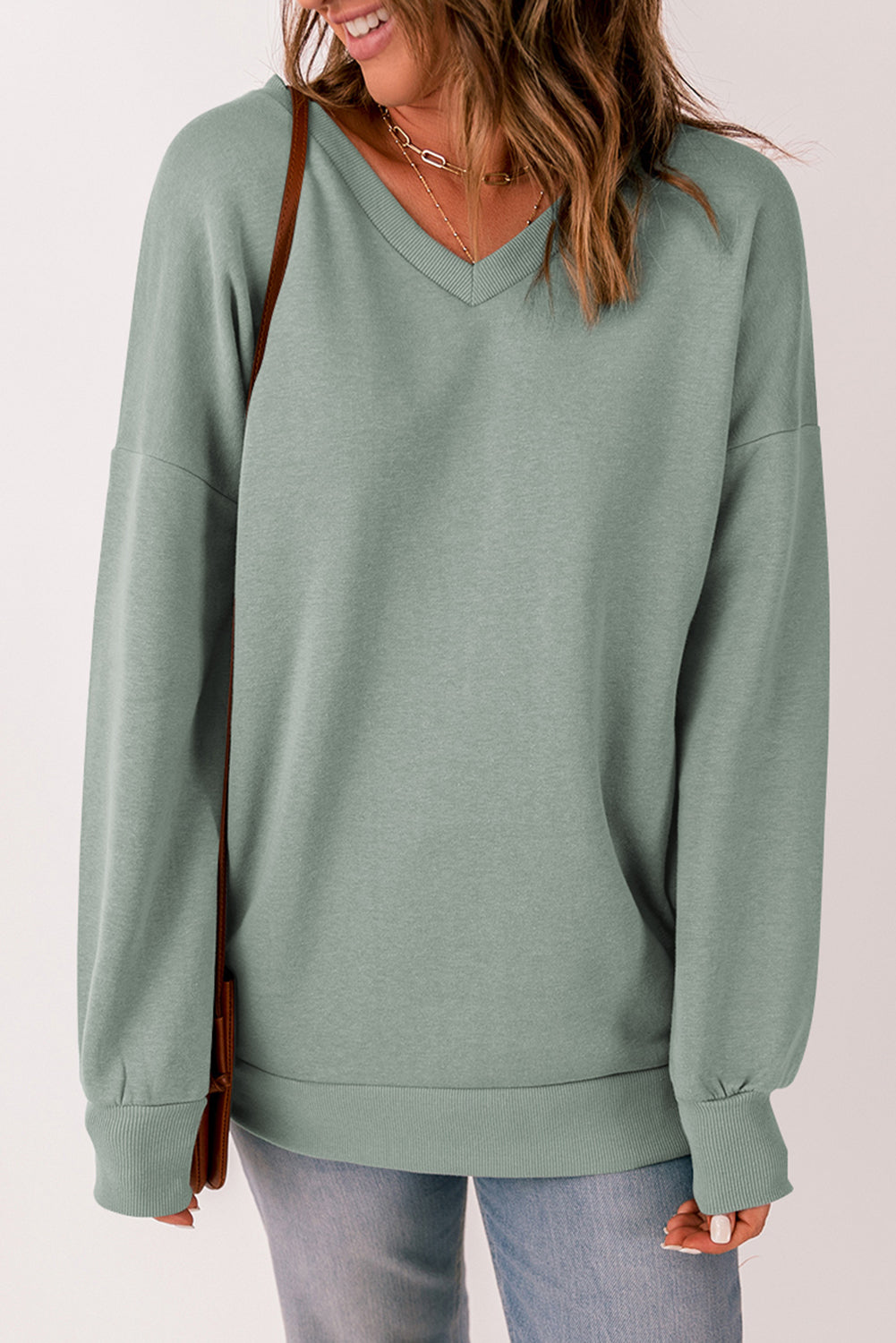Gray Ribbed V Neck Drop Shoulder Sweatshirt