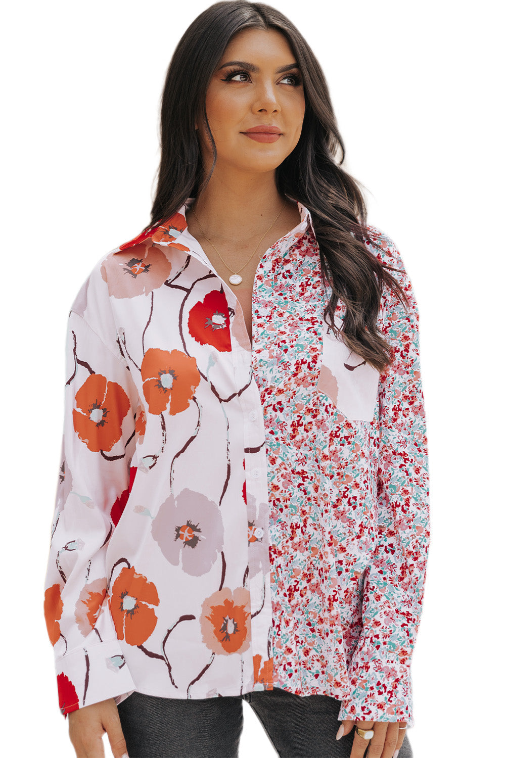 Red Floral Patchwork Buttoned Shirt with Pocket