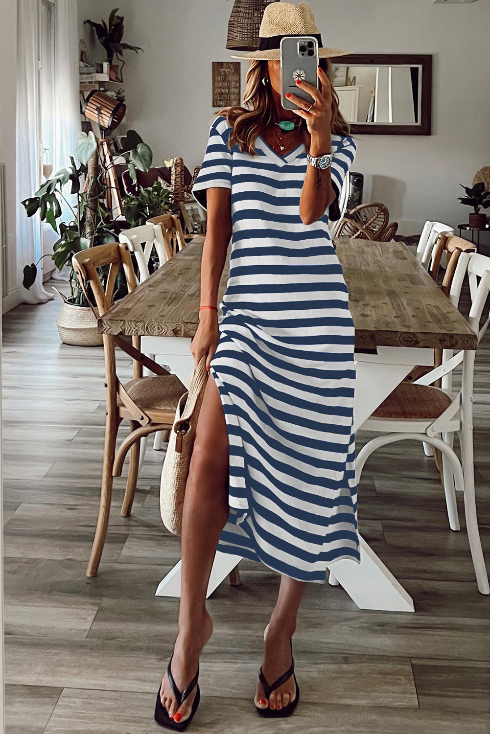 Black Stripe Print V Neck Maxi Dress with Side Splits