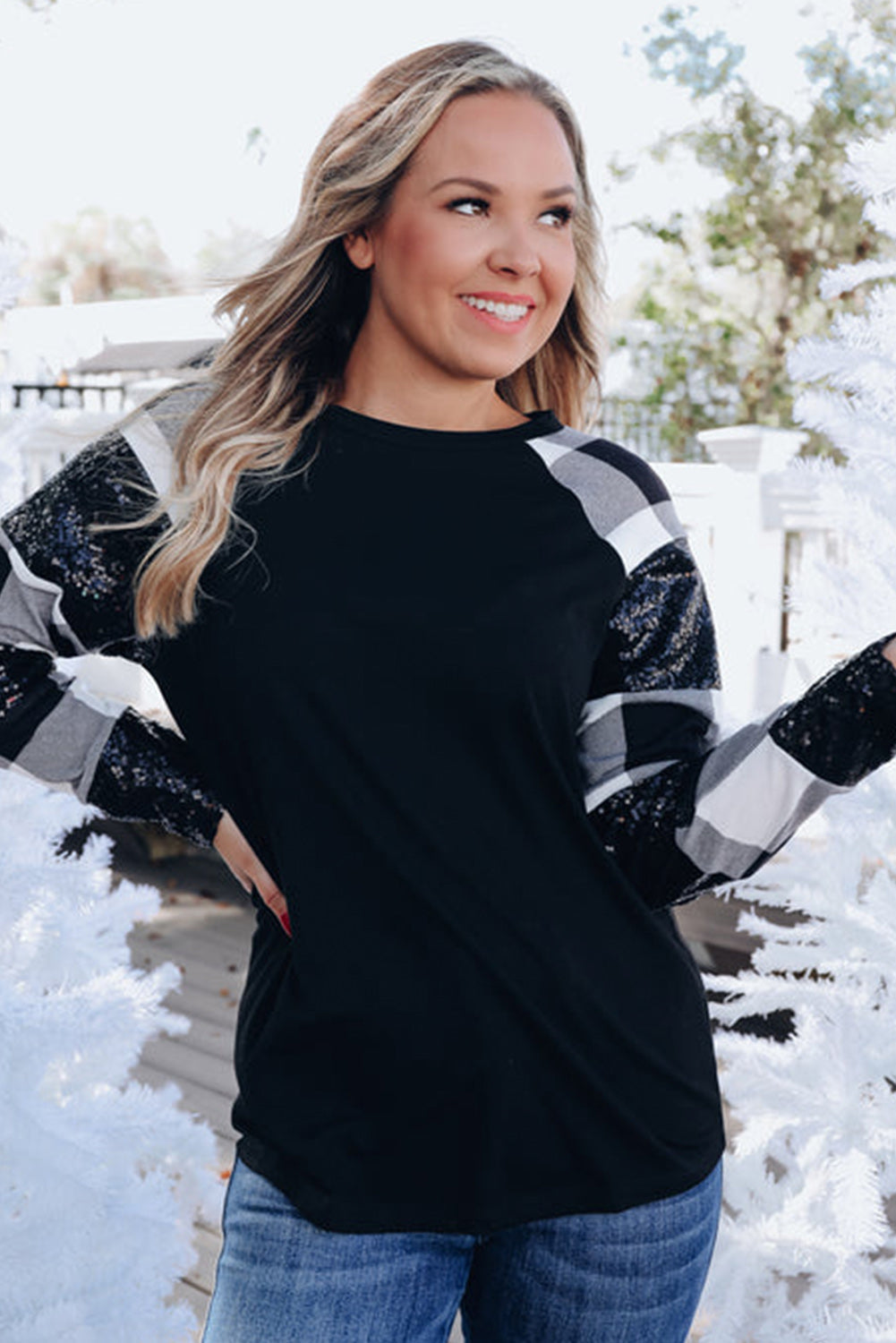 Black Sequin Plaid Patchwork Raglan Sleeve Top