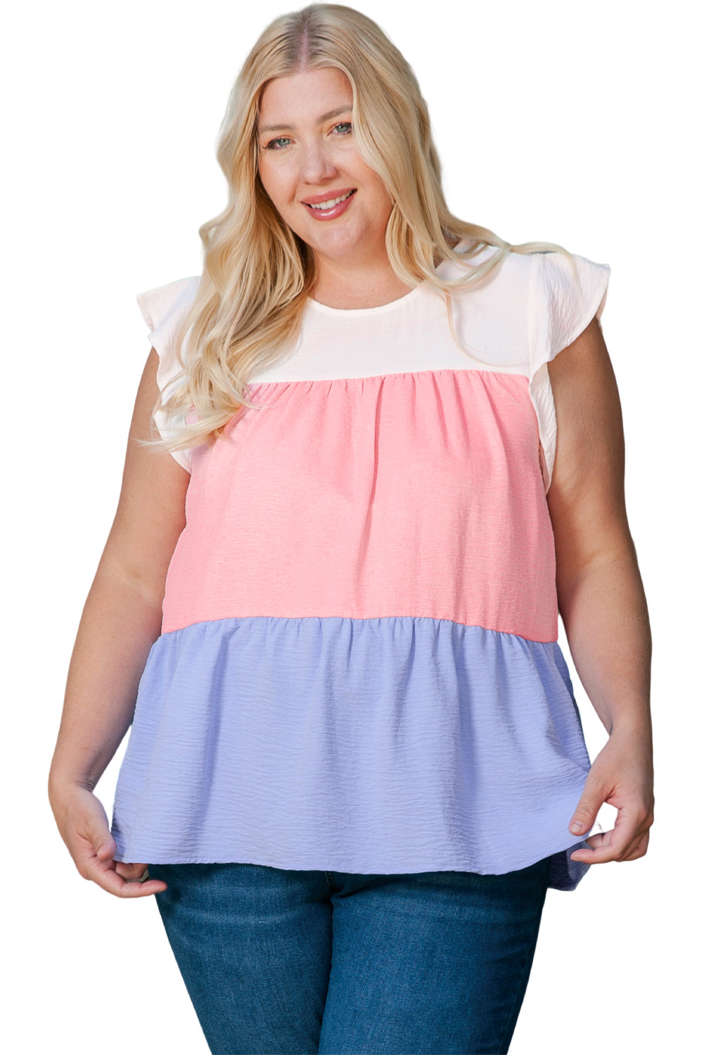 Pink Plus Size Colorblock Ruffle Flowy Top