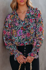 Multicolor Floral Print Ruffled Long Sleeve V-Neck Blouse