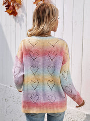 Autumn Winter Office Printed Rainbow V-neck Pullover Knitwear Sweater Women