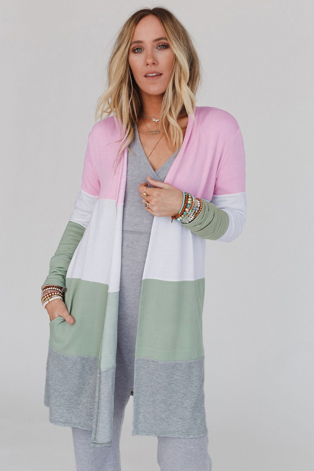 Pink Plus Size Colorblock Open Front Cardigan