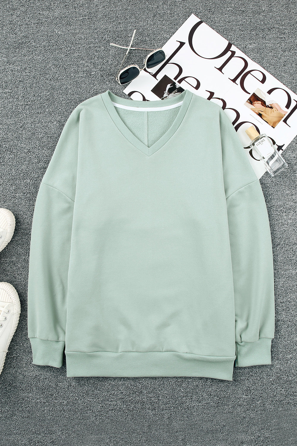 Gray Ribbed V Neck Drop Shoulder Sweatshirt