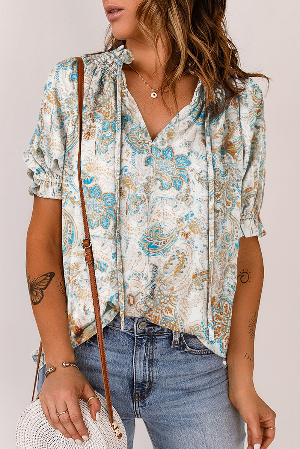 Multicolor Paisley Print Wide Sleeves Loose Blouse