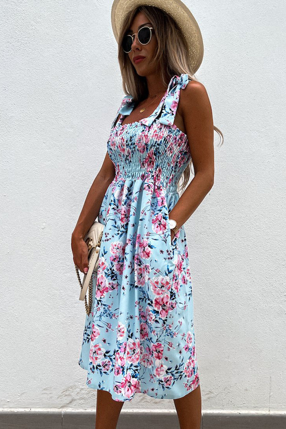 Sky Blue Tie Straps Smocked Floral Dress
