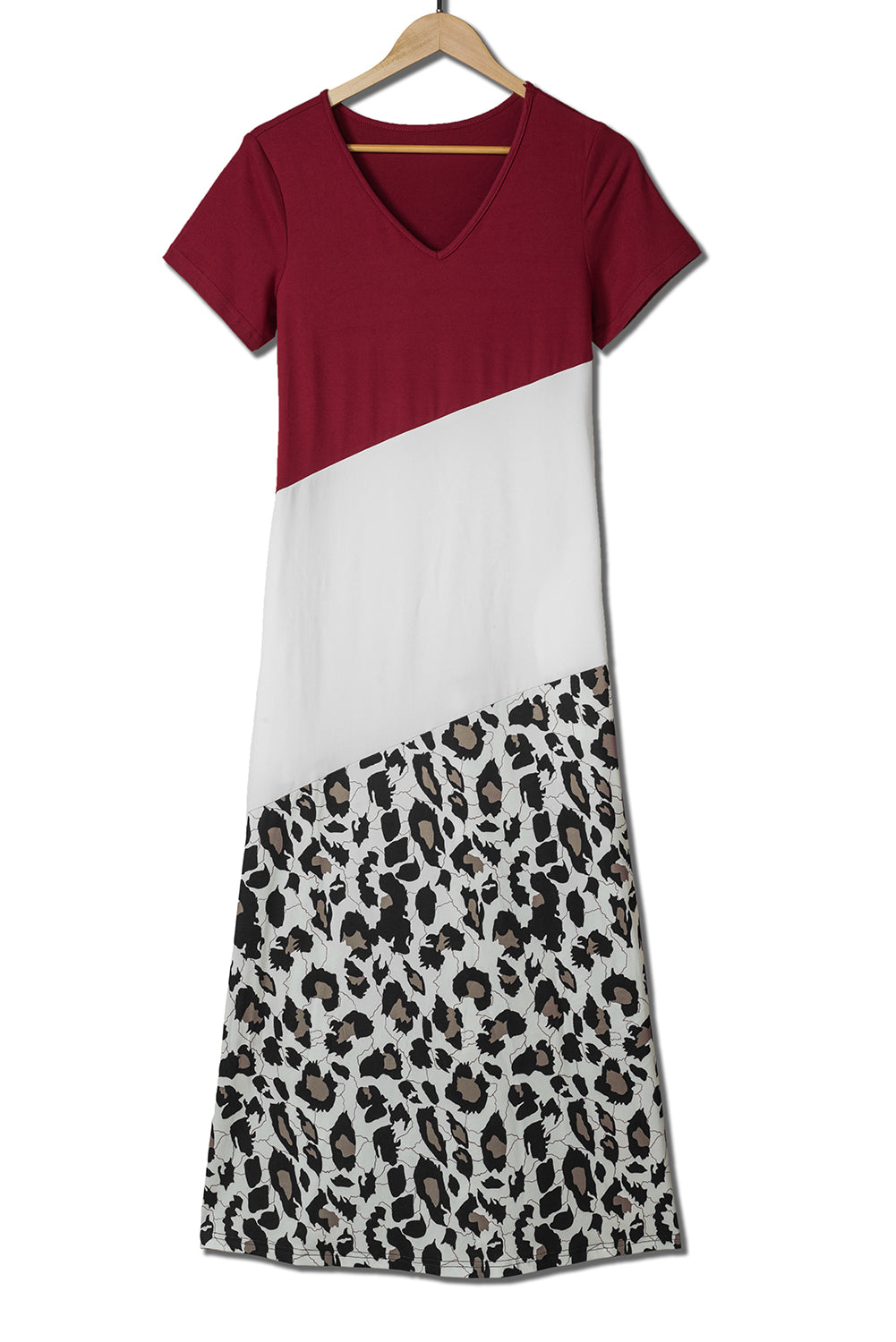 Red Leopard Color Block Side Slit T Shirt Maxi Dress