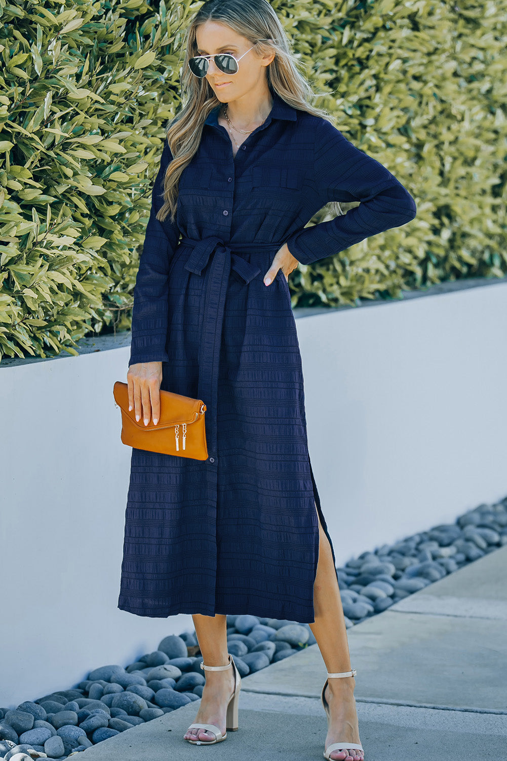 Blue Crinkle Textured Long Sleeve Shirt Dress with Belt