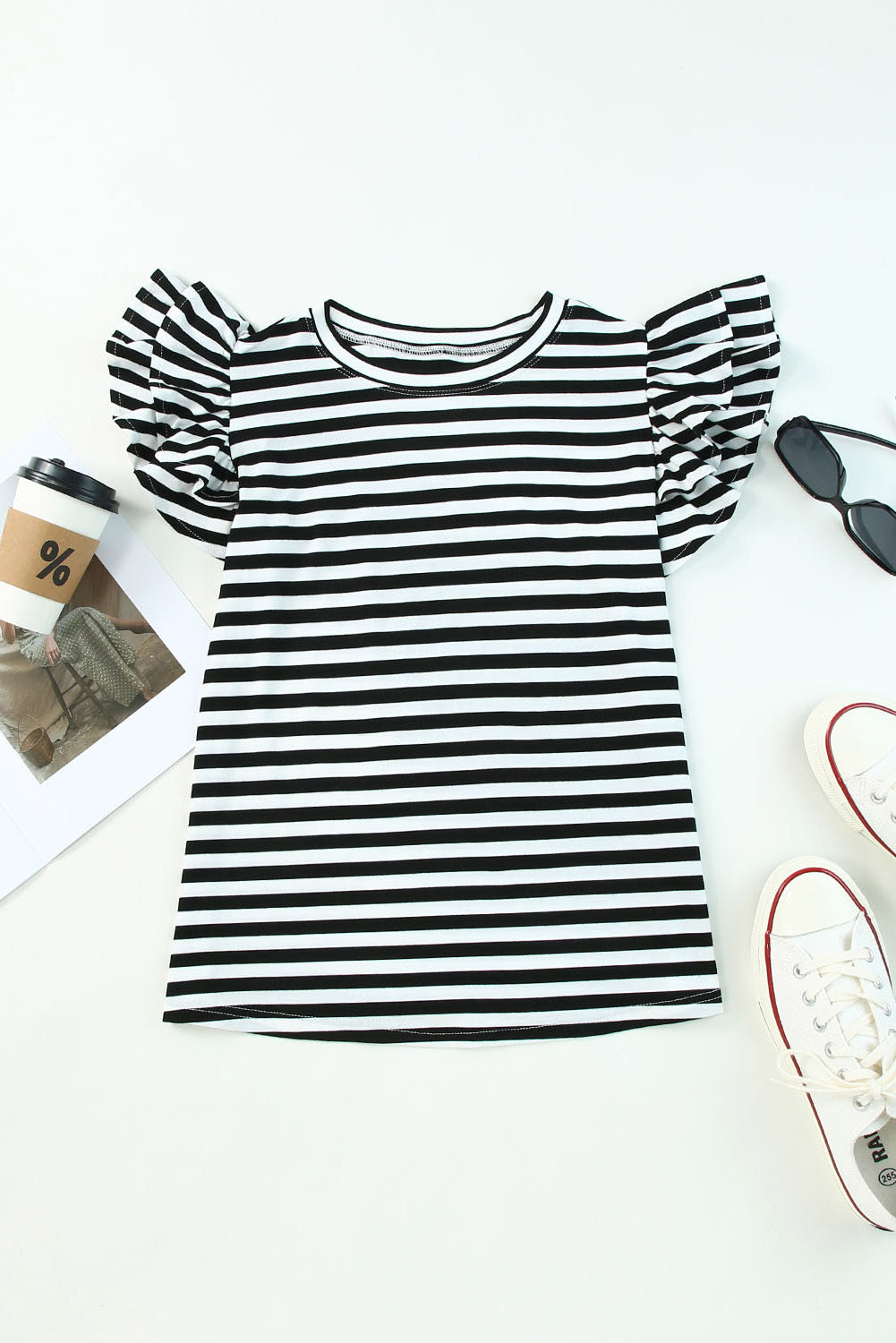 White Stripe Print Tiered Ruffled Sleeve Tee