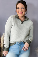 Green Striped Contrasting Trim Plus Size Henley Pullover