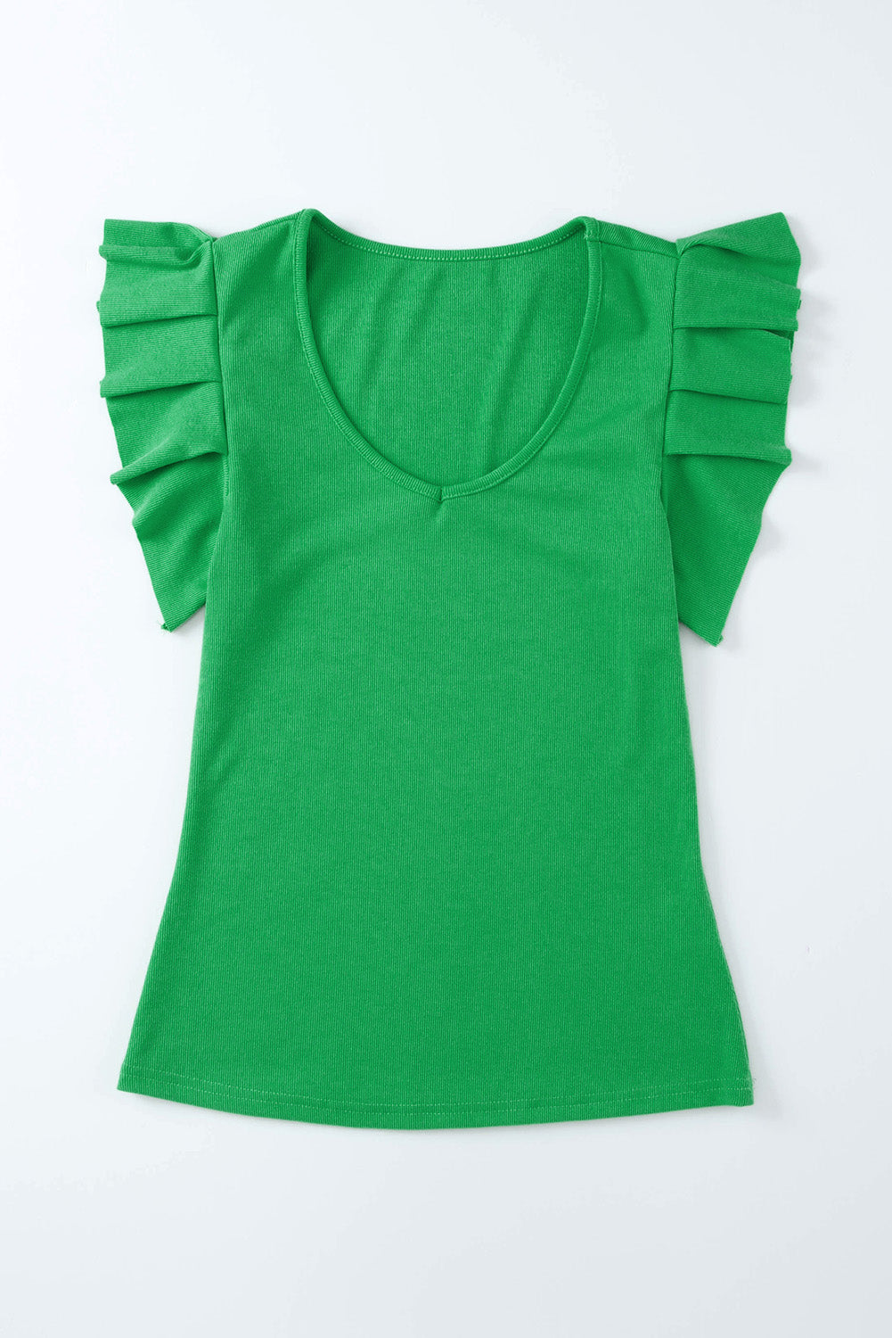 Black Rib Knitted Ruffle Sleeve U Neck Top