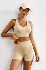 Khaki Ribbed Hollow-out Racerback Yoga Camisole