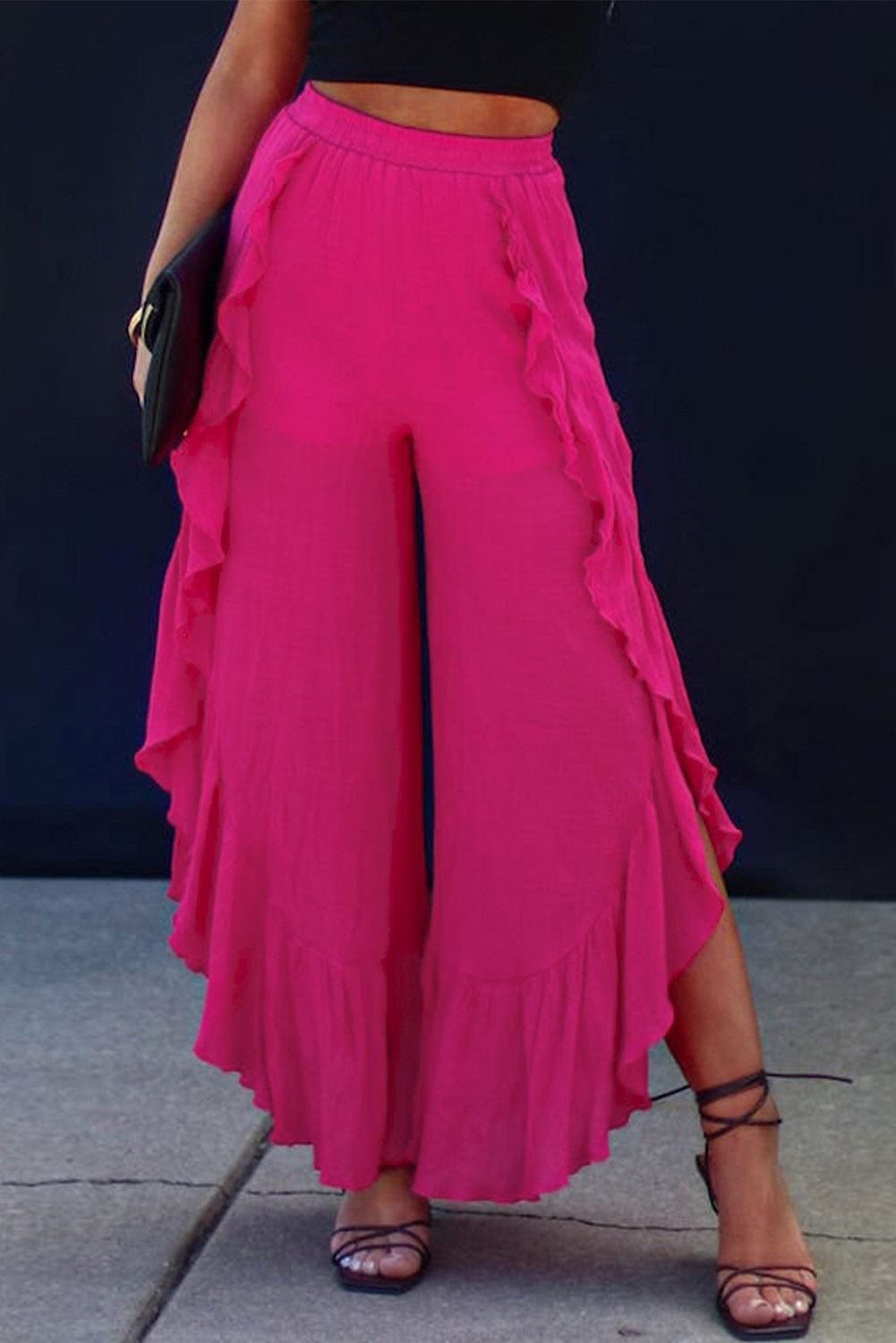 Rose Ruffle Slit High Waist Wide Leg Pants