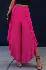 Rose Ruffle Slit High Waist Wide Leg Pants