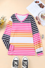 Multicolor Gradient Striped Long Sleeve V-Neck Blouse