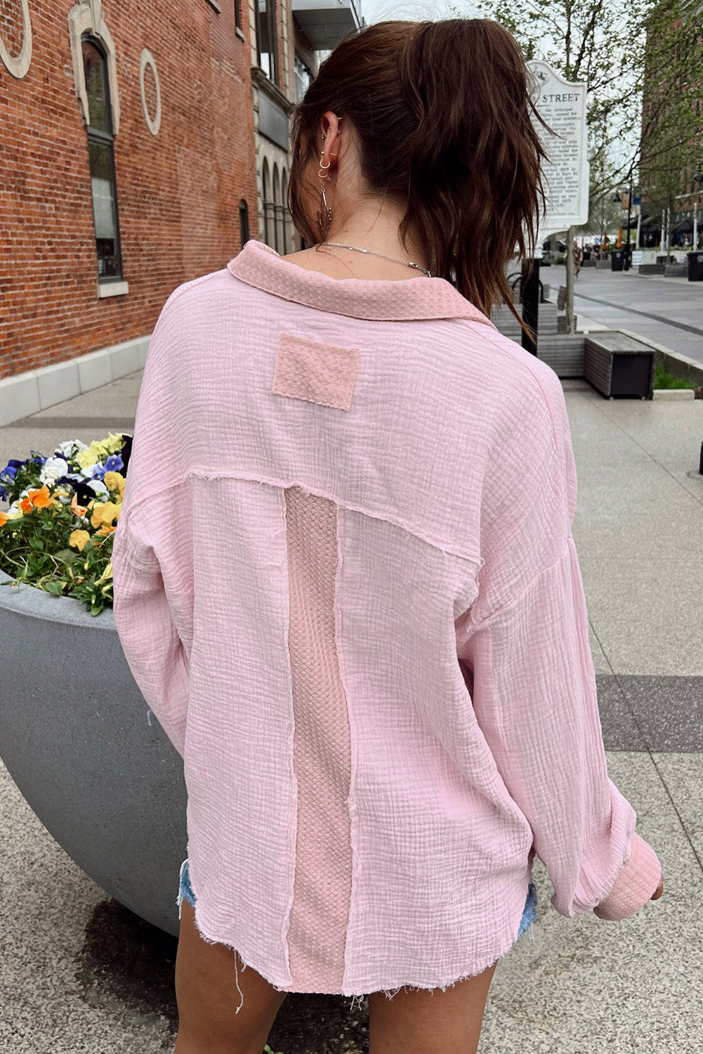 Pink Long Sleeve Flap Pocket Henley Top