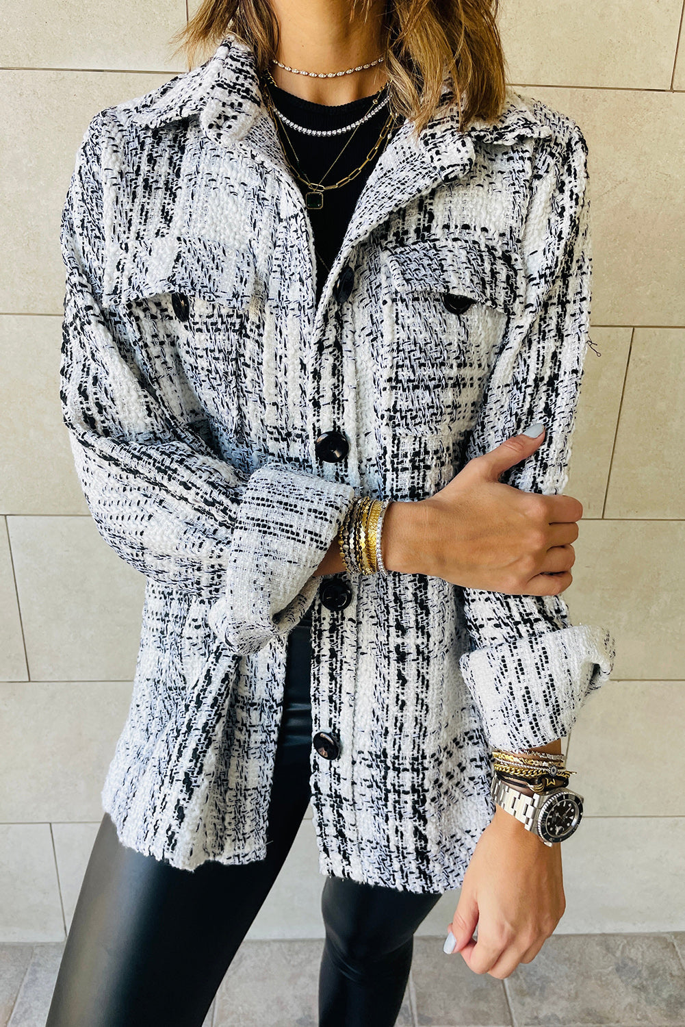 White Plaid Print Pocketed Shirt Jacket