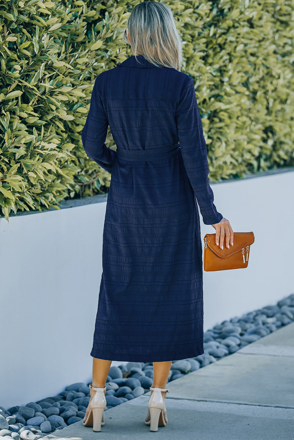 Blue Crinkle Textured Long Sleeve Shirt Dress with Belt