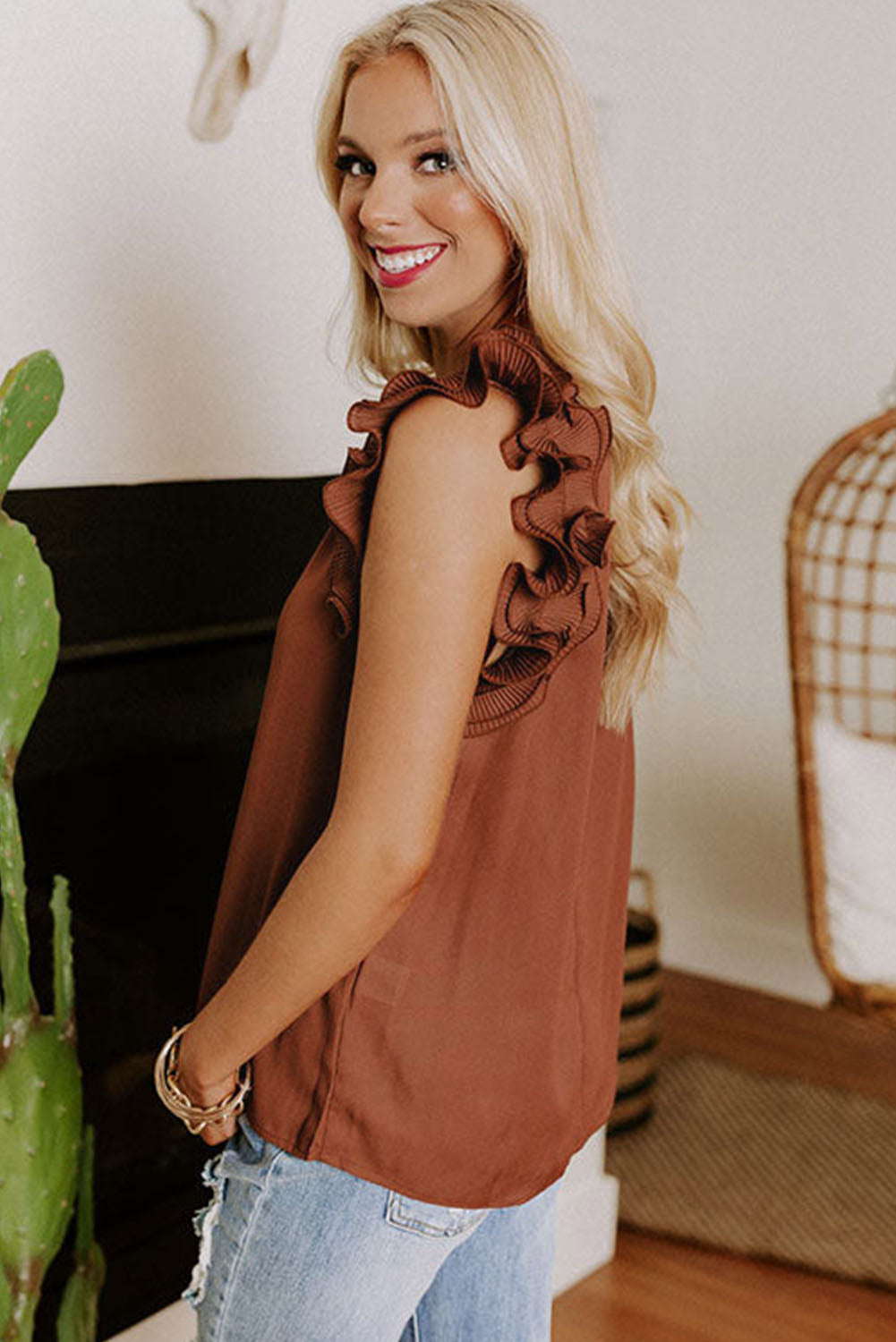 Brown Ruffles Armhole Tank Top